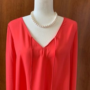 Zac&Rachel OrangePink long bell SleevesTie Front Blouse crochet trim on theback